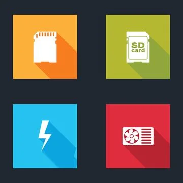 Set SD card, , Lightning bolt and Air conditioner icon. Vector Illustrazione stock