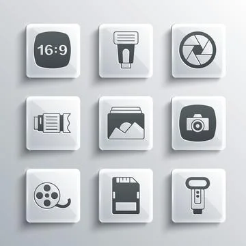 Set SD card, Photo camera flash, frame, Film reel, Camera photo lens, 16 and Stock-Illustration