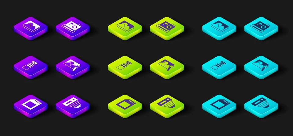 Set SD card, Photo camera, Remote control for, retouching, and frame icon 스톡 일러스트