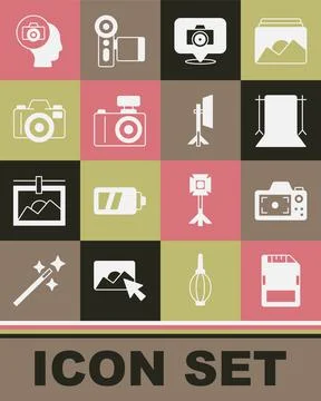 Set SD card, Photo camera, Empty photo studio,  and Studio light bulb in soft 스톡 일러스트