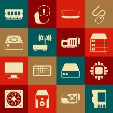 Set SD card, Processor with CPU, Server, Data, Web Hosting, Laptop, Router and Stock Illustration
