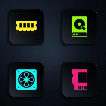 Set SD card, RAM, random access memory, Computer cooler and Hard disk drive.. Stock Illustration