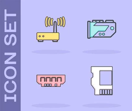 Set SD card, Router and wi-fi signal, RAM, random access memory and Video g.. Stock Illustration