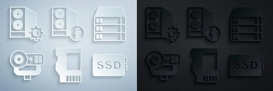 Set SD card, Server, Data, Web Hosting, camera, SSD, Case of computer and icon Stock Illustration
