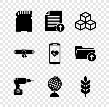 Set SD card, Upload file, Isometric cube, Drill machine, Earth globe and Wh.. Stock Illustration