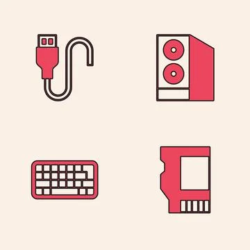 Set SD card, USB cable cord, Case of computer and Keyboard icon. Vector Illustrazione stock