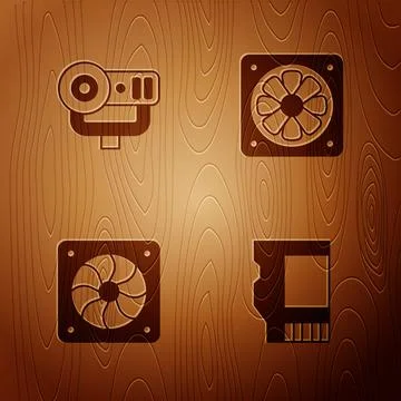 Set SD card, Web camera, Computer cooler and on wooden background. Vector Stock Illustration