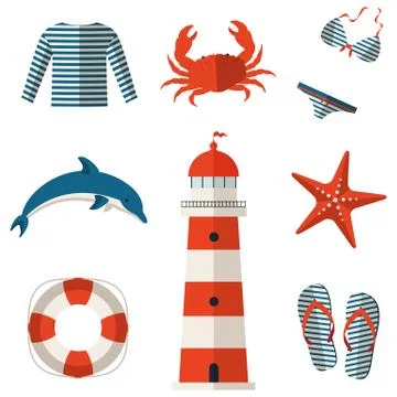 Set of sea and beach flat icons. Vector illustration. 스톡 일러스트