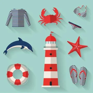 Set of sea and beach flat icons. Vector illustration. 스톡 일러스트