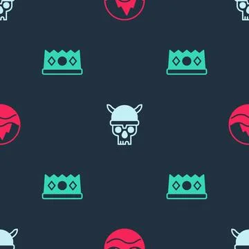 Set Sea and waves, Skull with viking helmet and King crown on seamless pattern Stock Illustration