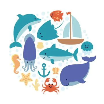 Set of sea animals in circle isolated on white background Illustrazione stock