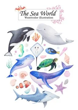 Set of sea animals, fish, seashells and seaweed in black, grey, blue, green, Illustrazione stock