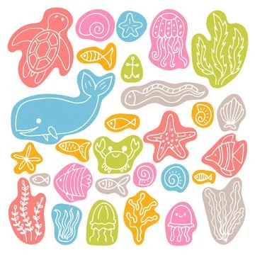 Set of sea animals in hand drawn style. Ocean life. Underwater, under the s.. Stock Illustration