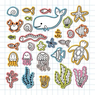 Set of sea animals in hand drawn style. Ocean life. Underwater, under the s.. Stock Illustration