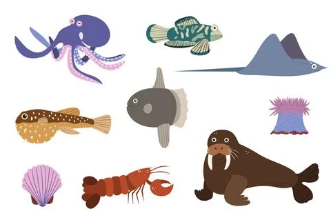 Set of sea animals - octopus stringray walrus omar sunfish. Undersea world Stock Illustration