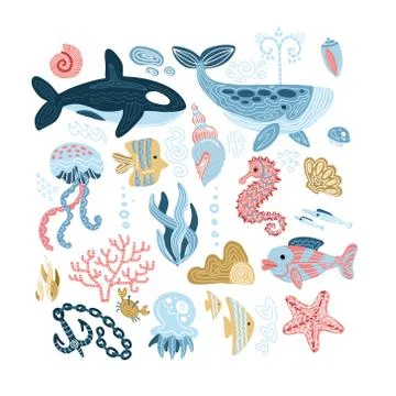 Set of sea animals - seashells, fish, whale, seahorse,tuna, butterfly fish,ki 스톡 일러스트