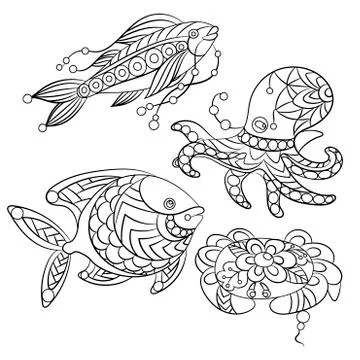 Set of sea animals in vector graphic illustration  in coloring pages for chil Stock Illustration