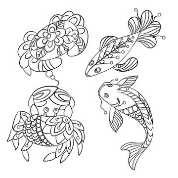 Set of sea animals in vector graphic illustration  in coloring pages Stock-Illustration