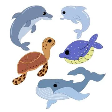 Set of sea animals in vector graphics on a white background, blue whale Stock Illustration