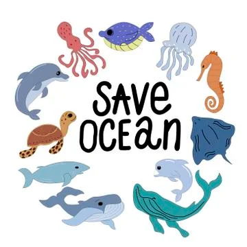 Set of sea animals with the words - save ocean, on a white background in vector Stock Illustration