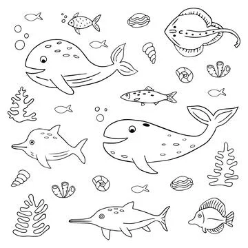 Set of sea fish in doodle style. Ocean life and the underwater world Stock Illustration