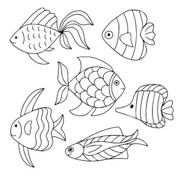 Set of sea fish on a white background in vector image. For coloring books Stock Illustration