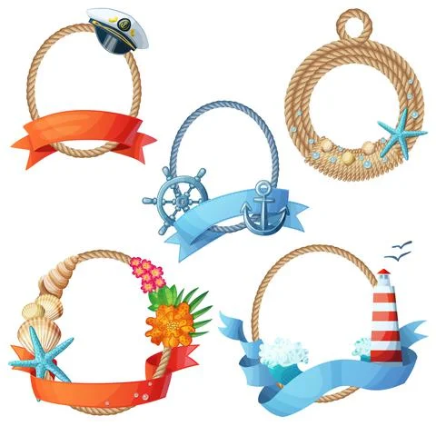 Set of sea frames. Ropes with anchors, seashells Illustrazione stock