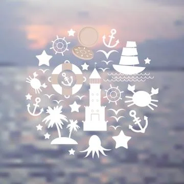 Set sea icons on seascape background. vector Stock Illustration