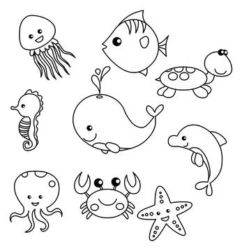 Set of sea life vector black illustration Stock Illustration