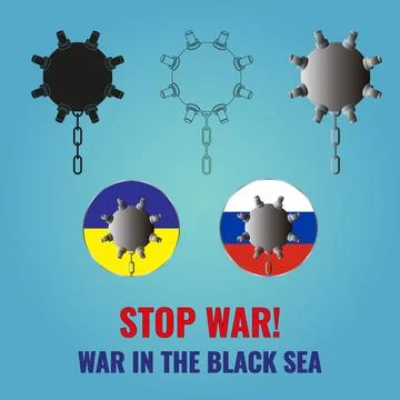 Set of sea mines. Two mines on the flag of Russia and Ukraine. Lettering Stop Stock Illustration