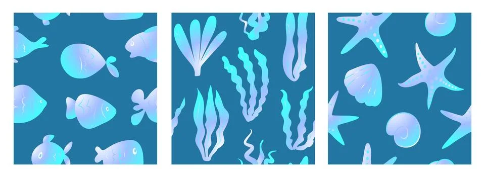 Set of sea patterns with fish, seaweed, starfish and seashells. Vector Stockillustratie