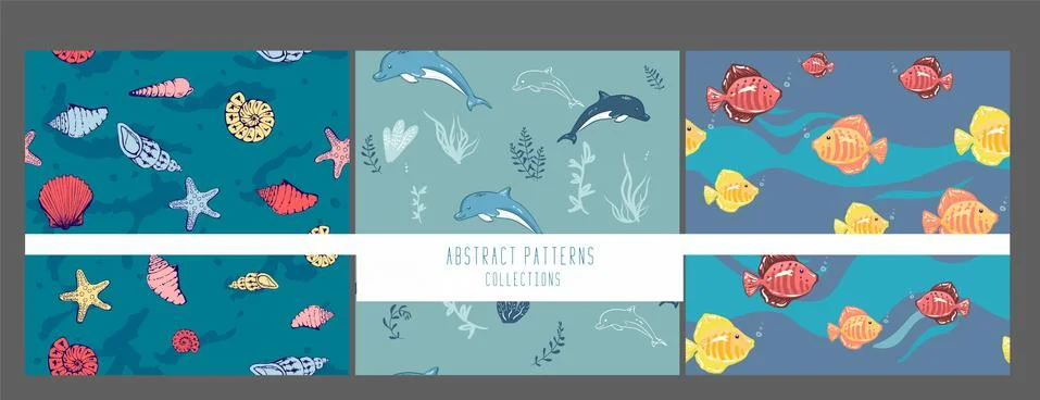 Set of sea seamless patterns with dolphin, shells, fish. Scrapbook design ele Stock Illustration