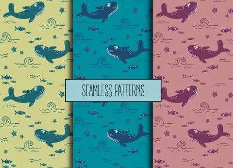 Set of sea seamless patterns.Whale, fish, starfish Illustrazione stock