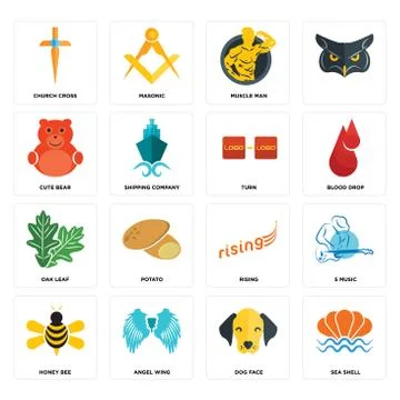 Set of sea shell, dog face, honey bee, rising, oak leaf, turn, cute bear, mus Illustrazione stock gratuita