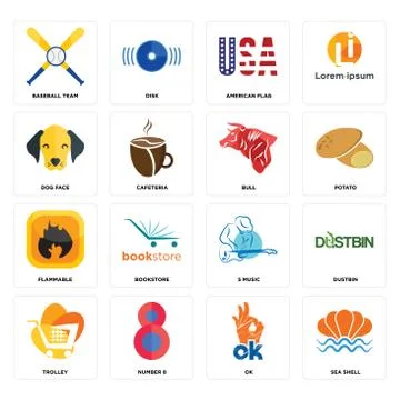 Set of sea shell, ok, trolley, s music, flammable, bull, dog face, american f Free Stock Illustration