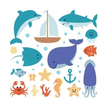 Set of sea theme isolated on white background Stock Illustration