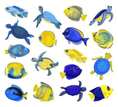Set of sea turtles and small fishes. Marine creatures cartoon vector Stock Illustration