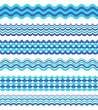 Set of sea waves borders isolated on white Stock Illustration