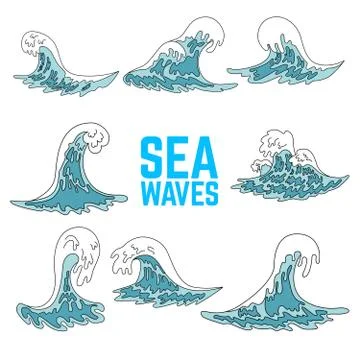 Set of sea waves illustrations. Design elements for poster, card, banner, fly Stock Illustration