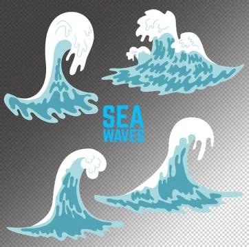 Set of sea waves illustrations. Design elements for poster, card, banner, fly 스톡 일러스트