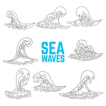 Set of sea waves illustrations. Design elements for poster, card, banner, fly 스톡 일러스트