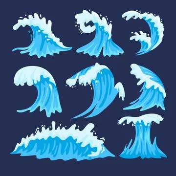 Set of sea waves set collection, blue ocean waves with white foam, water sp.. Stock Illustration
