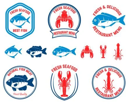 Set of seafood emblems. Fish, lobster, squid. Design elements for logo, label 스톡 일러스트