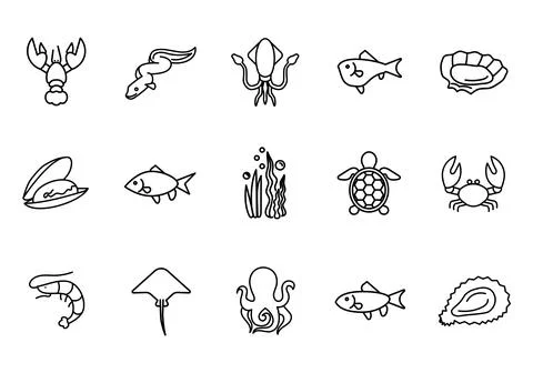 Set of seafood icons.  Fish flat pictogram for web. Line stroke. Shrimp, oyst Stock Illustration