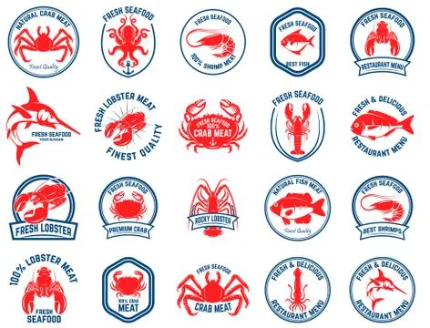 Set of seafood market emblems. Design element for logo, label, emblem, sign. Stock Illustration