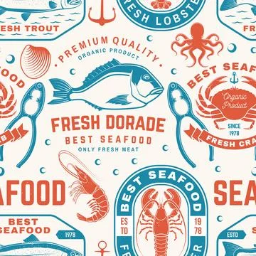 Set of seafood seamless pattern. Fresh tuna, octopus, trout, shrimp, dresse.. Stock Illustration