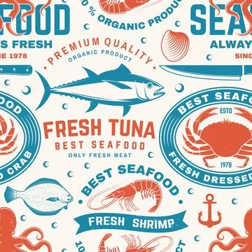Set of seafood seamless pattern. Fresh tuna, octopus, trout, shrimp, dresse.. Stock Illustration