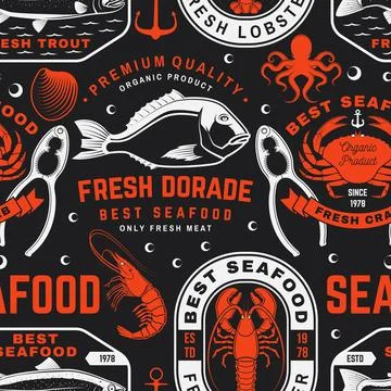 Set of seafood seamless pattern. Fresh tuna, octopus, trout, shrimp, dressed Stock Illustration