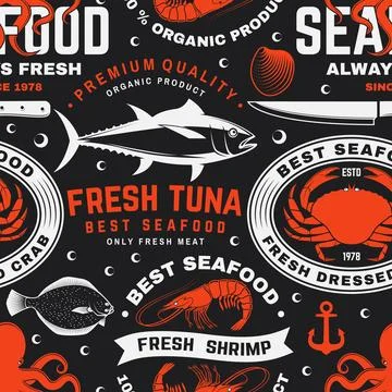 Set of seafood seamless pattern. Fresh tuna, octopus, trout, shrimp, dressed Stock Illustration