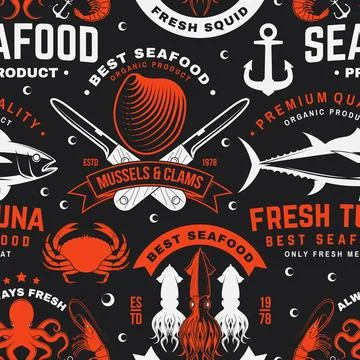Set of seafood seamless pattern. Fresh tuna, octopus, trout, shrimp, dressed Stock Illustration